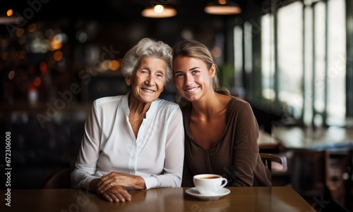 An older woman and her daughter share coffee and conversation in a cozy cafe, cherishing precious family moments