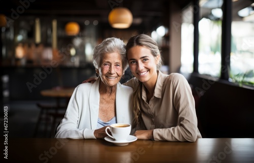 An older woman and her daughter share coffee and conversation in a cozy cafe, cherishing precious family moments