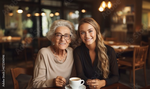 An older woman and her daughter share coffee and conversation in a cozy cafe, cherishing precious family moments photo