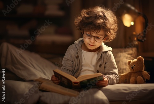 A young boy reads a bedtime story, finding comfort and adventure in the world of books before sleep photo