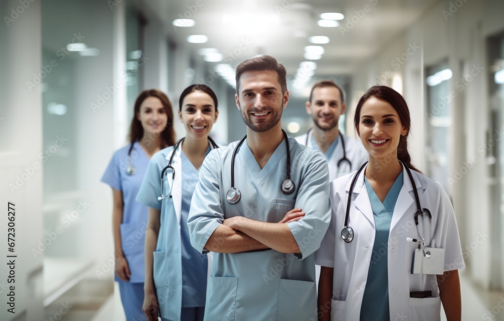 Expert medical team in modern hospital hallway Expert medical team in modern hospital hallway