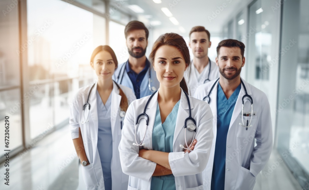 Expert medical team in modern hospital hallway Expert medical team in modern hospital hallway