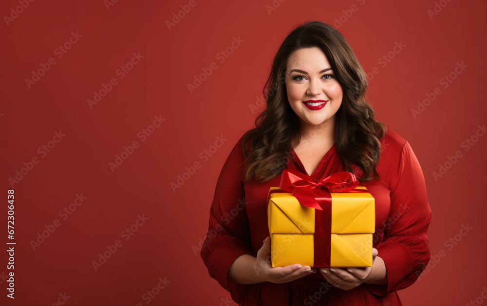 Beautiful happy curvy woman plus size plump girl attractive overweight on background holding big gift box, holiday surprise, birthday anniversary bonus compliment Beautiful happy curvy woman plus size plump girl attractive overweight on background holding big gift box, holiday surprise, birthday anniversary bonus compliment