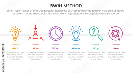 Fotografia 5W1H problem solving method infographic 6 point stage template with horizontal i