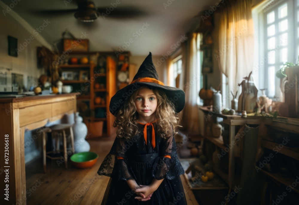 Young witch in a captivating Halloween costume, ready for a night of magical fun and spooky adventures