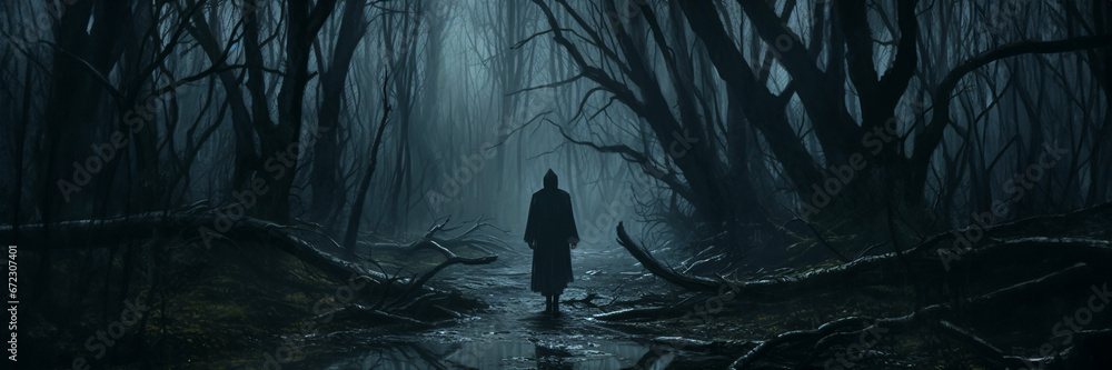 a lone figure walking in a mysterious forest - obrazy, fototapety, plakaty 