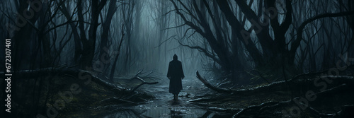 a lone figure walking in a mysterious forest photo