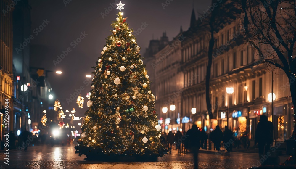 Festive concept theme featuring Christmas tree lights in an urban street scene