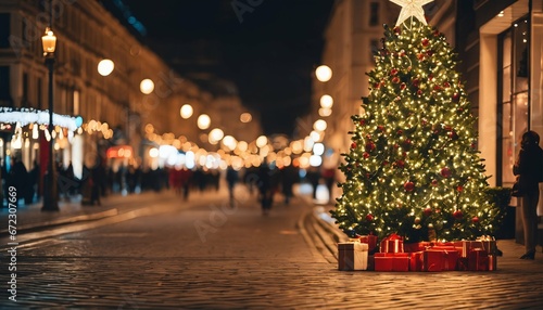 Christmas tree lights illuminating an urban street scene for a festive concept theme
