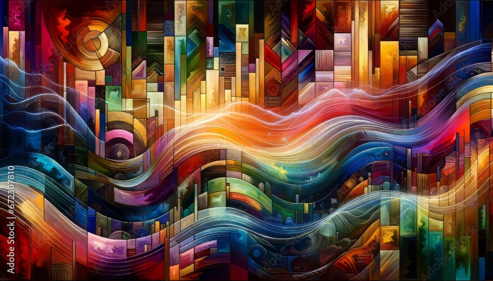 A digital artwork capturing Juneteenth's essence with layers of vibrant hues, geometric shapes, and ethereal waves of light