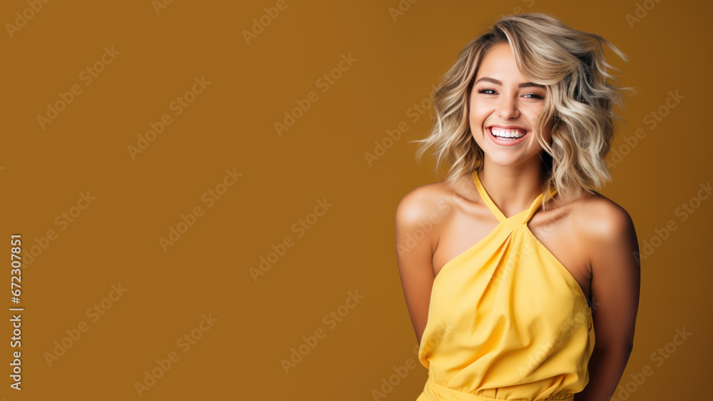Blonde woman model wear a yellow sundress isolated on pastel background Blonde woman model wear a yellow sundress isolated on pastel background