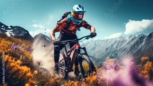 Fotografie Generative AI, Mountain biking man riding on bike in mountains forest landscape,