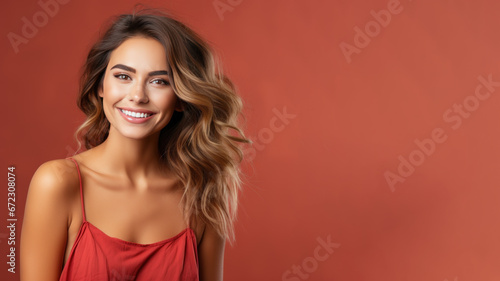 Brunette woman model wear red sundress isolated on pastel background