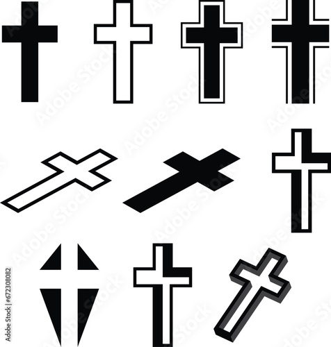 Set Cross Silhouettes Christian cross-flat sign design. Religious cross symbol