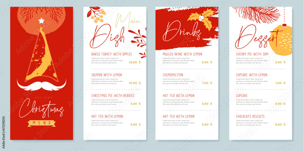 Restaurant Christmas holiday menu design with christmas desoration. Vector illustration Restaurant Christmas holiday menu design with christmas desoration. Vector illustration