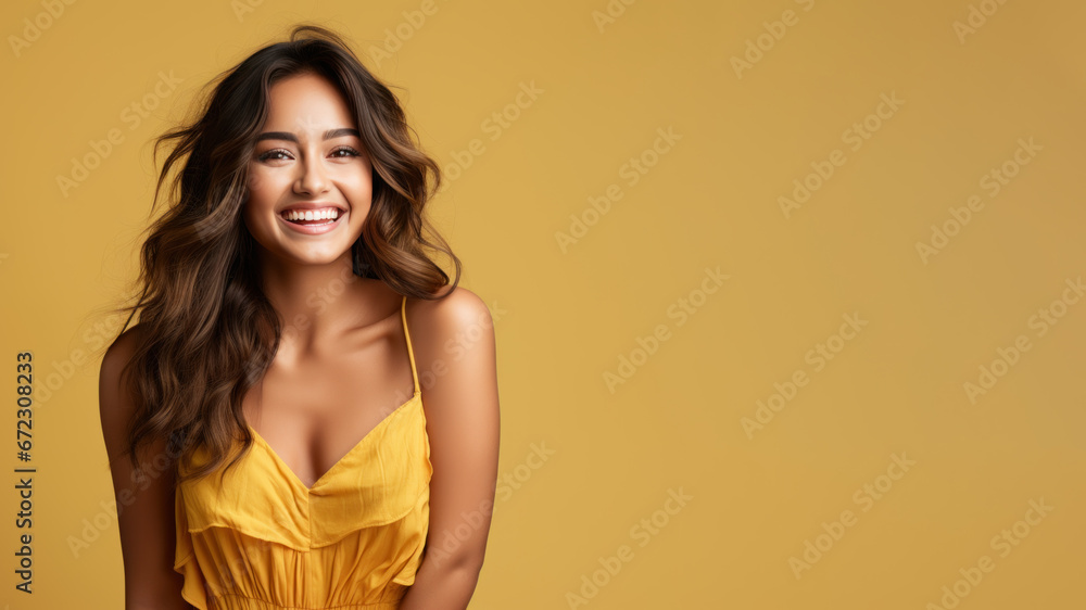 Indian woman model wear yellow sundress isolated on pastel background Indian woman model wear yellow sundress isolated on pastel background