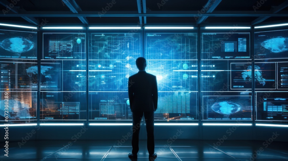 Back view businessman futuristic looking screen panel. Cyberspace with screen connect to data information Technology concept Back view businessman futuristic looking screen panel. Cyberspace with screen connect to data information Technology concept