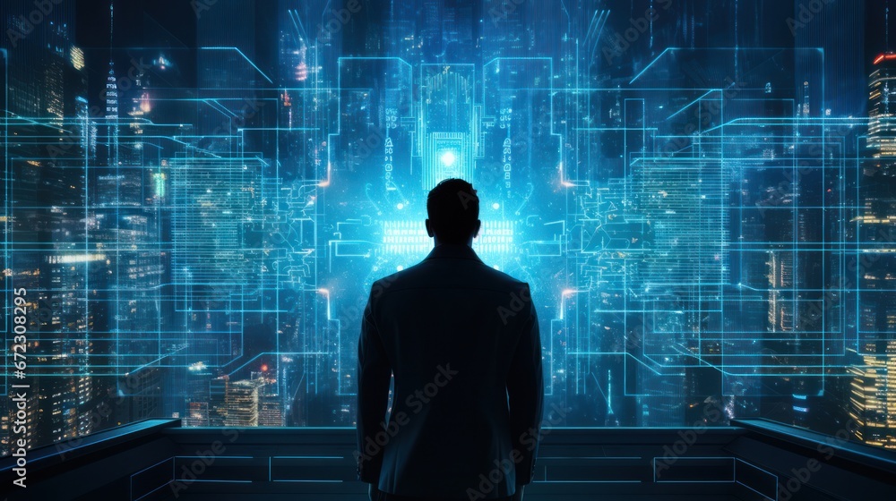 Back view businessman futuristic looking screen panel. Cyberspace with screen connect to data information Technology concept Back view businessman futuristic looking screen panel. Cyberspace with screen connect to data information Technology concept