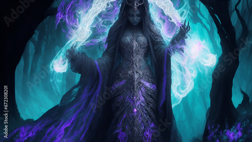 In the awe-inspiring world of a holographic majestic necromancer, a master summoner of the dead adorned in flowing robes of ethereal black and silver commands attention