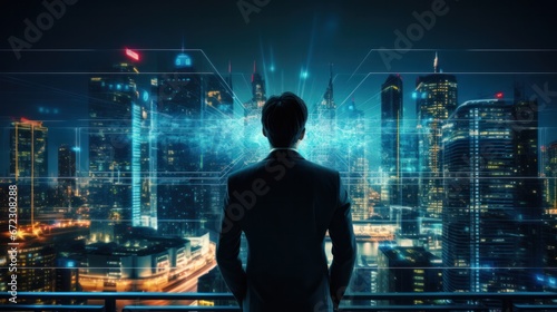 Back view businessman futuristic looking screen panel. Cyberspace with screen connect to data information Technology concept