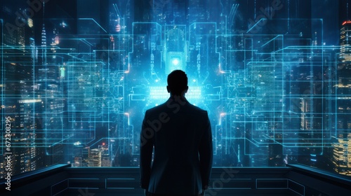 Back view businessman futuristic looking screen panel. Cyberspace with screen connect to data information Technology concept