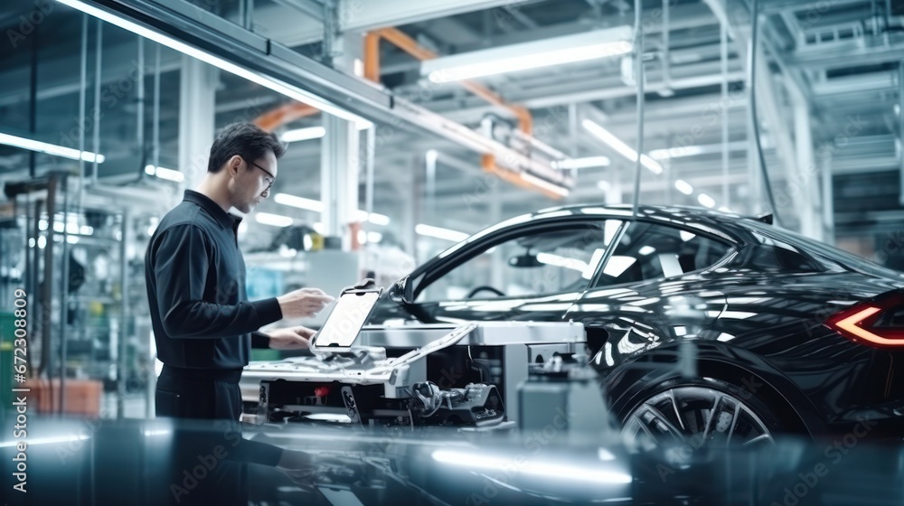 Male engineer working at production line of automatic robot arm car assembly Male engineer working at production line of automatic robot arm car assembly