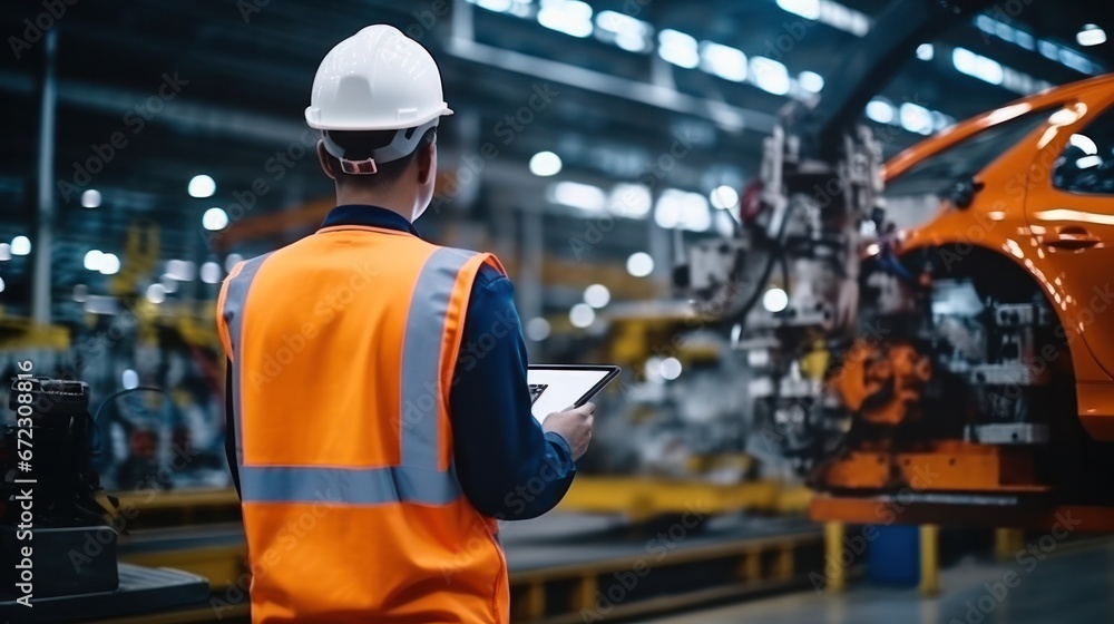 Male engineer working at production line of automatic robot arm car assembly Male engineer working at production line of automatic robot arm car assembly