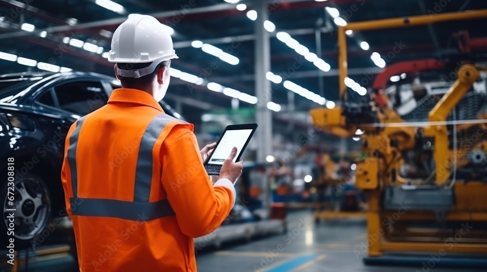 Male engineer working at production line of automatic robot arm car assembly Male engineer working at production line of automatic robot arm car assembly