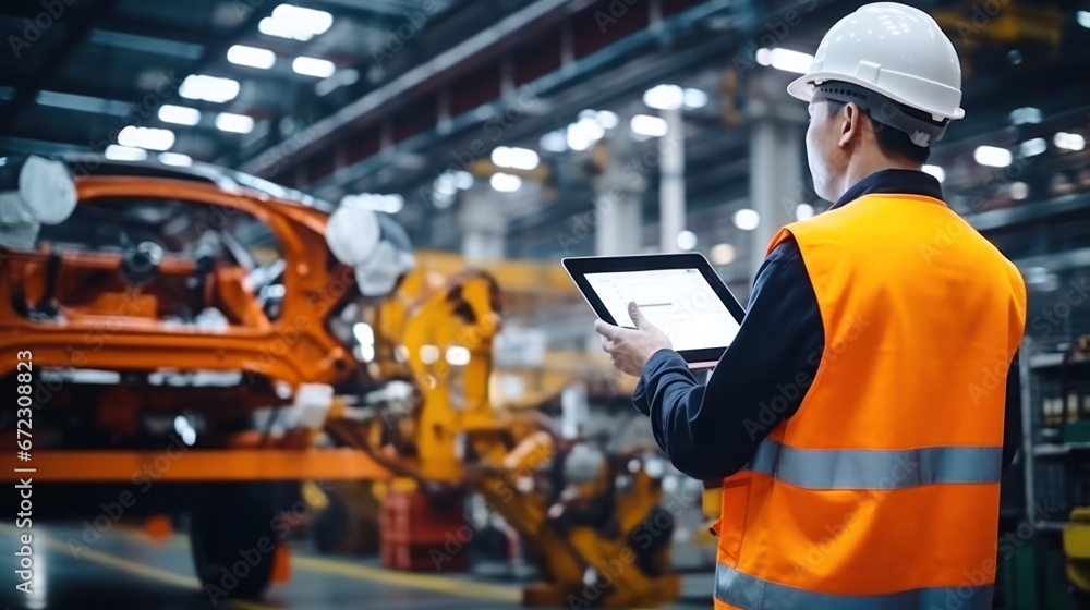 Obraz premium Male engineer working at production line of automatic robot arm car assembly