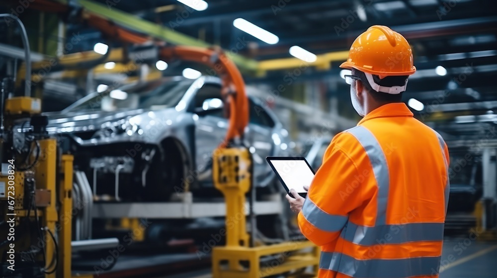 Male engineer working at production line of automatic robot arm car assembly Male engineer working at production line of automatic robot arm car assembly