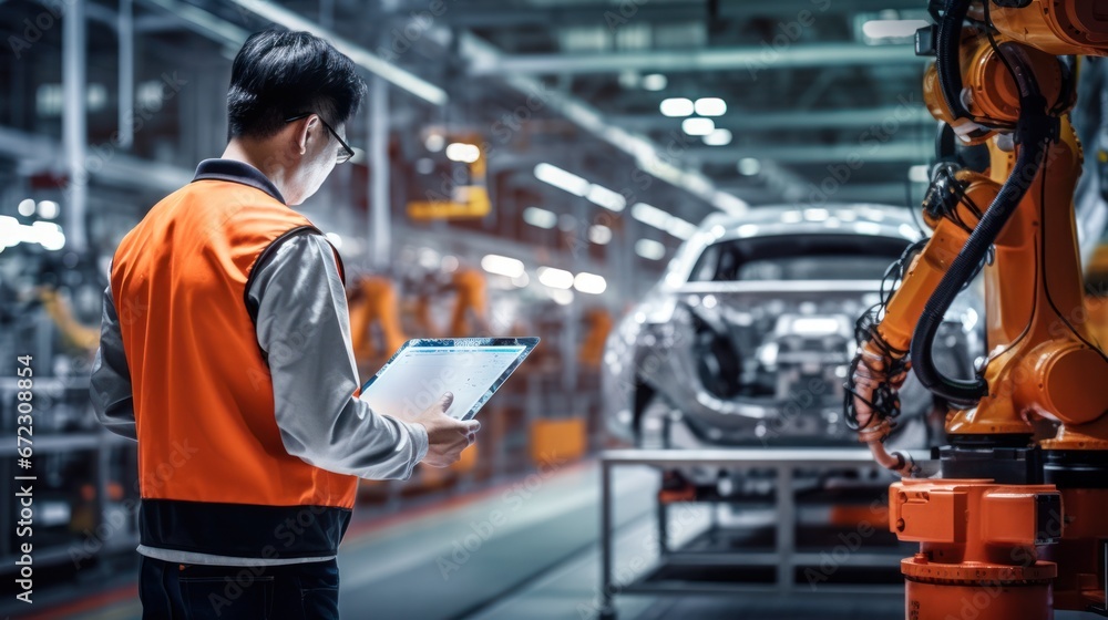 Male engineer working at production line of automatic robot arm car assembly Male engineer working at production line of automatic robot arm car assembly