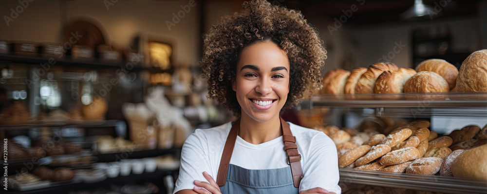 Portrait or woman in bakery standing in front of fresh bread. Bakery wide banner.