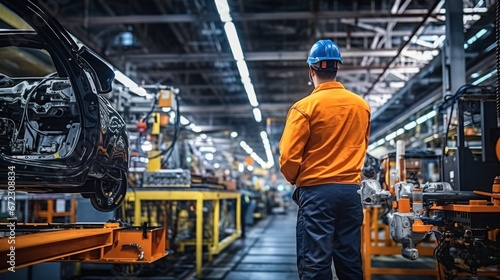 Male engineer working at production line of automatic robot arm car assembly