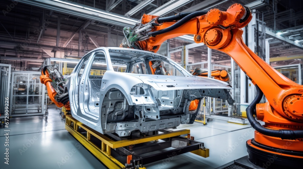 Fototapeta premium Industrial of automatic robot arm car assembly production, Robotic arm car manufacturing