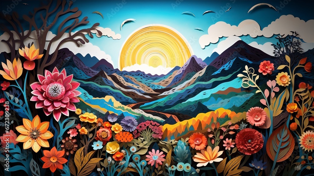 garden paper cutting art style,mountain,bloom flowers,leaf,colorful color theme,intricate detail garden paper cutting art style,mountain,bloom flowers,leaf,colorful color theme,intricate detail