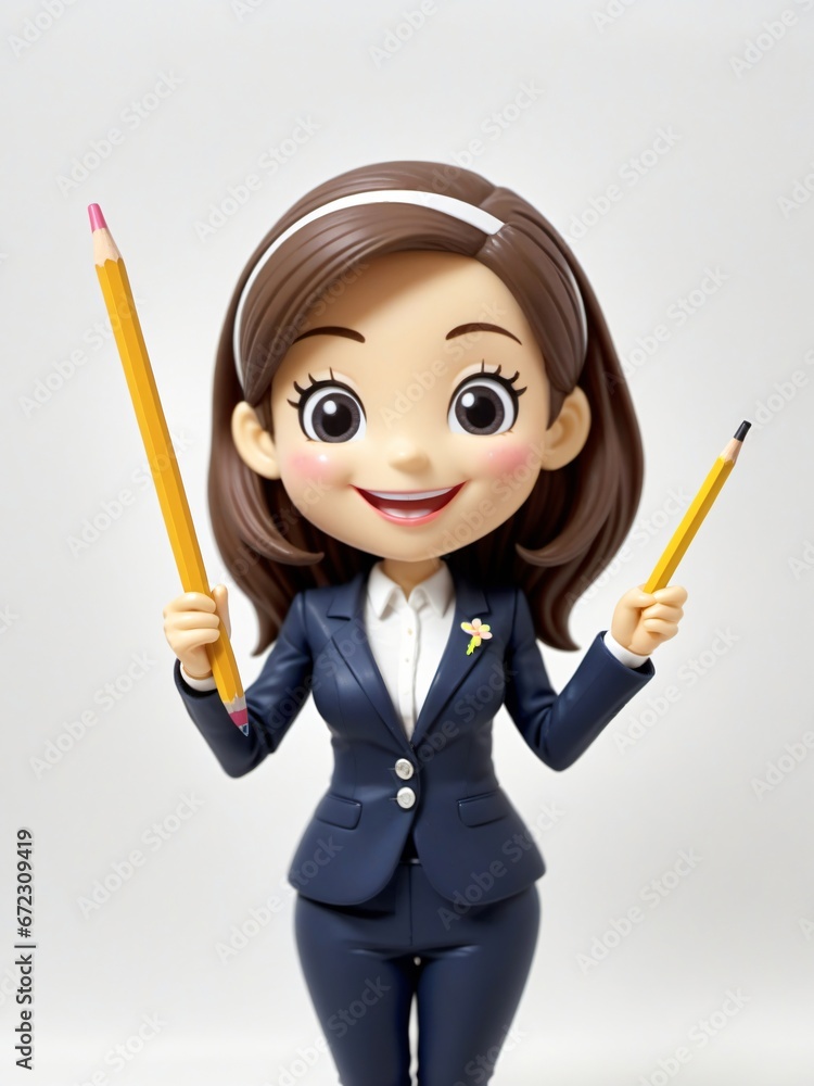 A 3D Toy Happy Cartoon Businesswoman Holding Pencil On A White Background A 3D Toy Happy Cartoon Businesswoman Holding Pencil On A White Background
