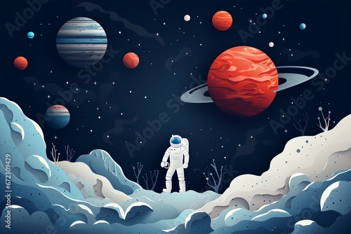paper cutting art style of astronaut flying in the universe, planet, asteroid, nested shape layers, vector graphic