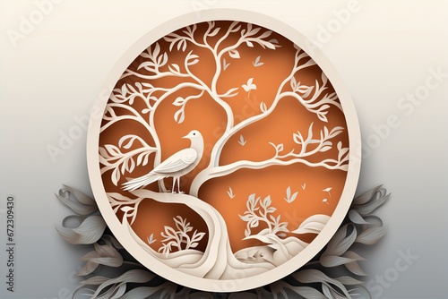 paper cutting art style of bird on tree in organic frame, nested shape layers, vector graphic