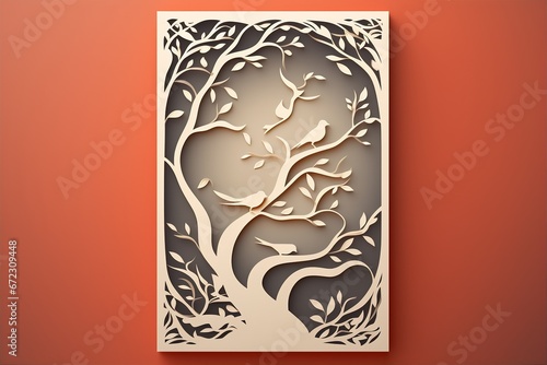 paper cutting art style of bird on tree in organic frame, nested shape layers, vector graphic