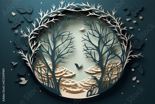paper cutting art style of bird on tree in organic frame, nested shape layers, vector graphic