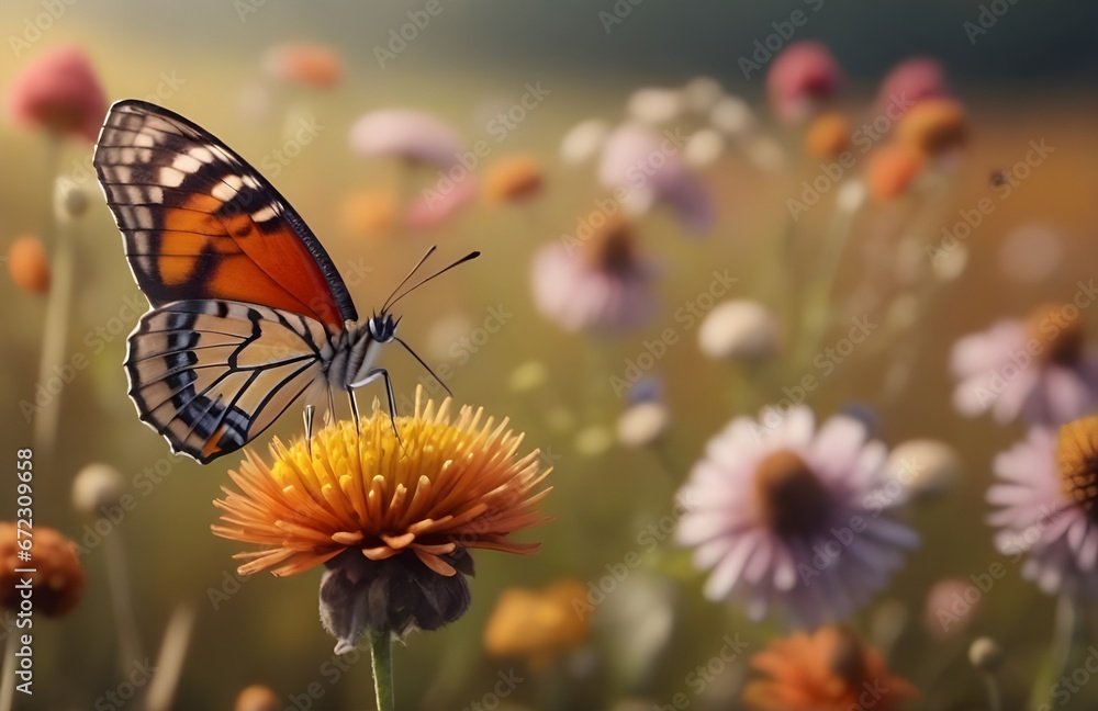 Photo closeup of a butterfly pollinating a flower. AI Generated