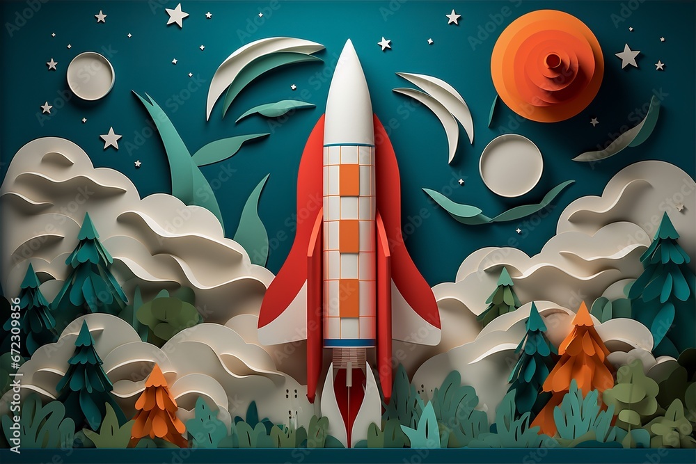 paper cutting art style of rocket launch, business growth concept