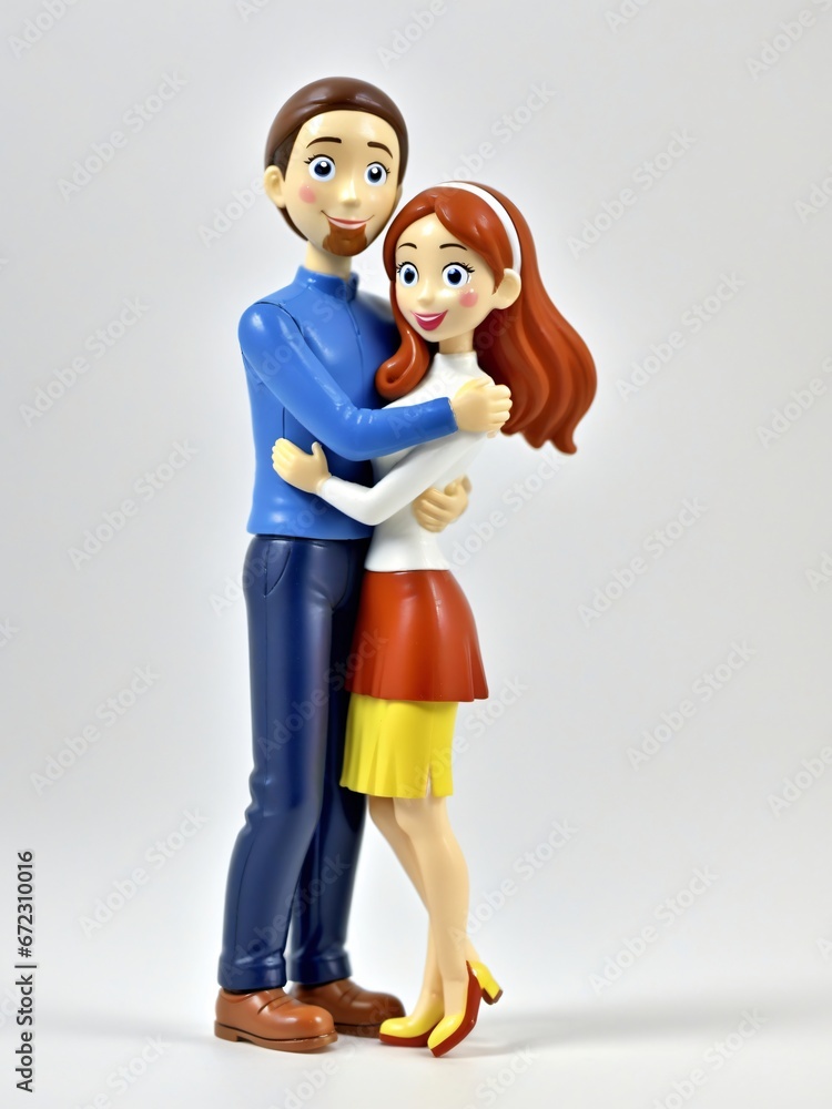 A 3D Toy Cartoon Woman Leaning On Man Shoulder On A White Background