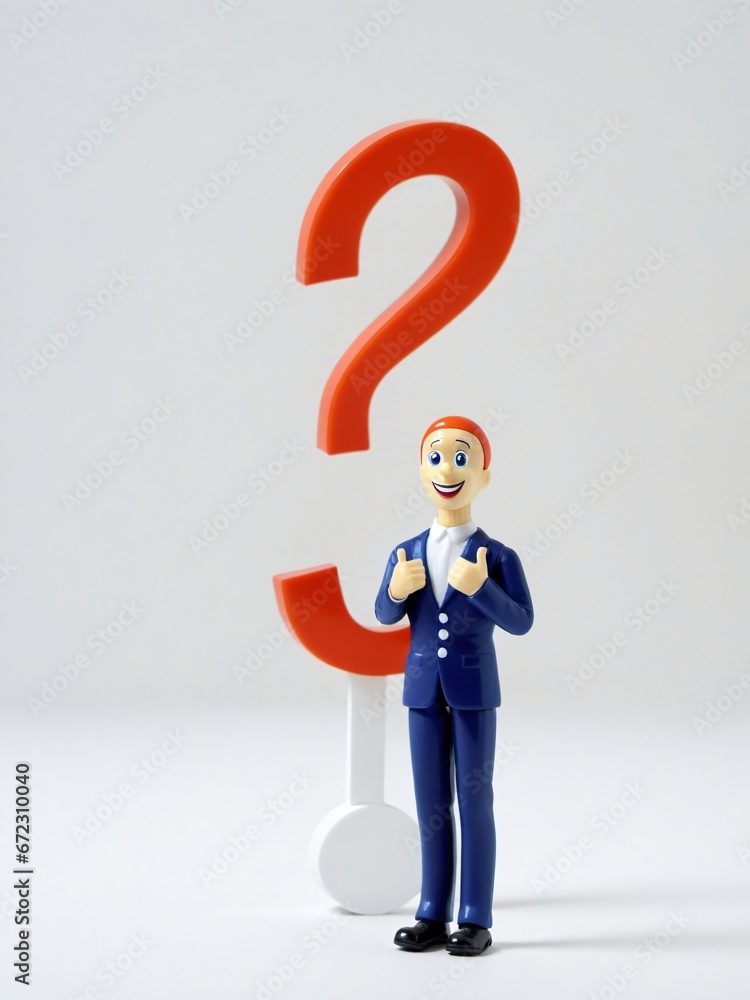 A 3D Toy Character Man Standing In Front Of Question Mark On A White Background A 3D Toy Character Man Standing In Front Of Question Mark On A White Background