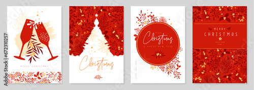 Set of Christmas holiday greeting cards or covers with christmas floral desoration. Vector illustration