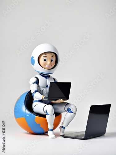 A 3D Toy Character Man Sitting In Spherical Chair With Laptop On A White Background