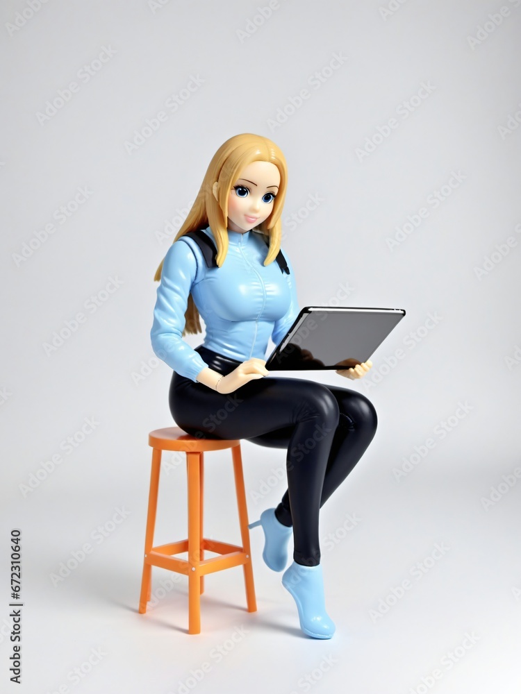 A 3D Toy Character Woman Sitting On Stool With Tablet On A White Background A 3D Toy Character Woman Sitting On Stool With Tablet On A White Background