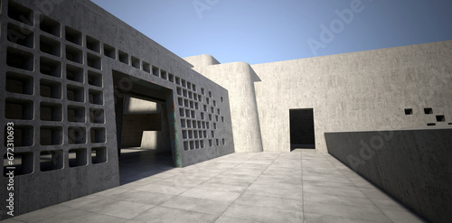 BRUTALIST CONCRETE BUILDING WITH LATTICE WALL. MINIMAL GEOMETRY CONCEPT. PHOTOREALISTIC 3D ILLUSTRATION.