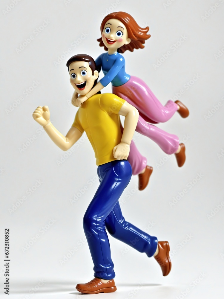 A 3D Toy Cartoon Man Running With Woman On Back On A White Background