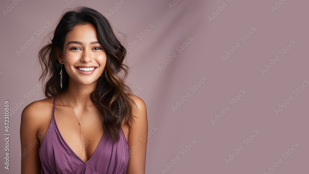 Indian woman model wear purple sundress isolated on pastel background Indian woman model wear purple sundress isolated on pastel background
